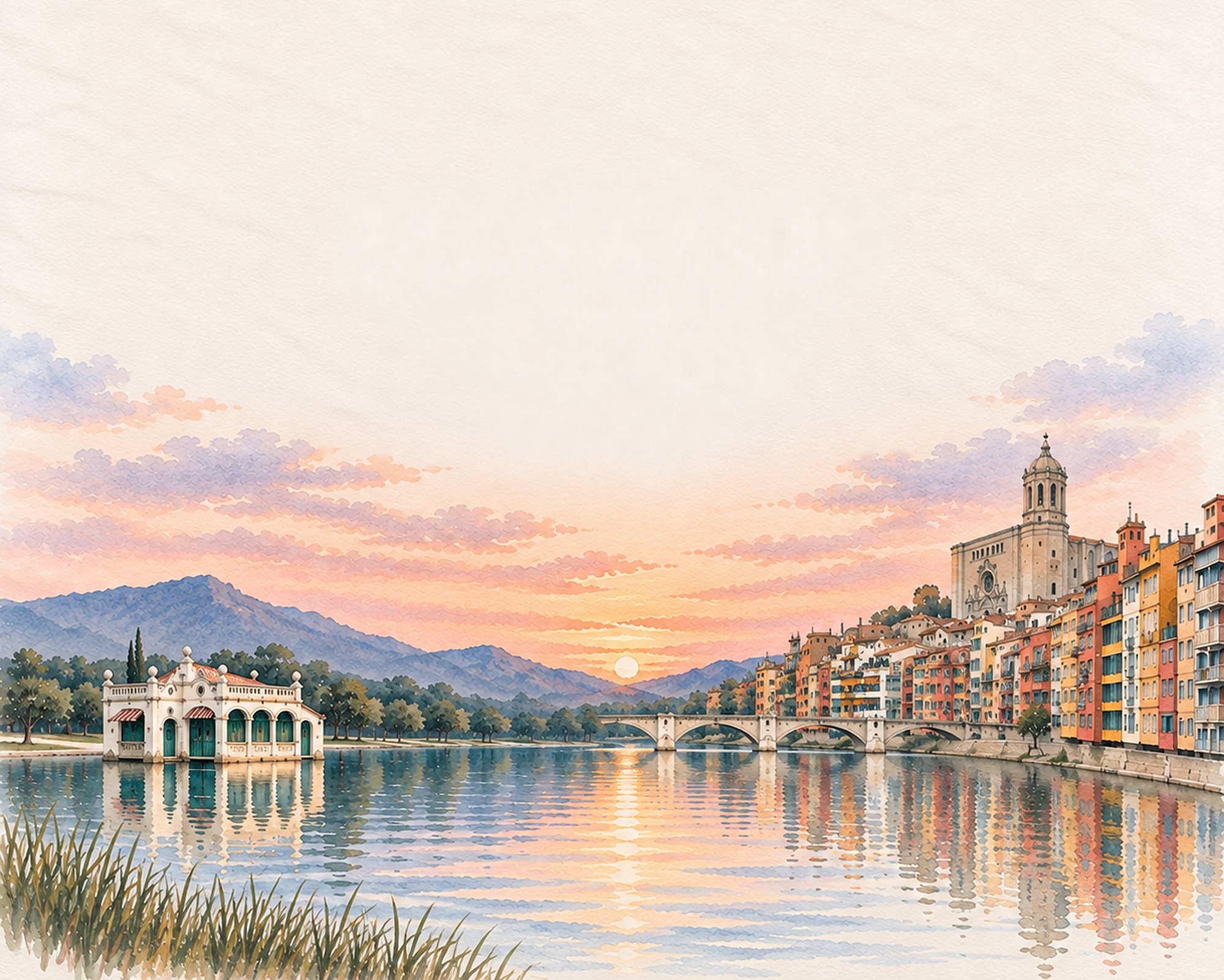 Aquarel·la de l'estany de Banyoles i de les cases de l'Onyar a Girona al capvespre.